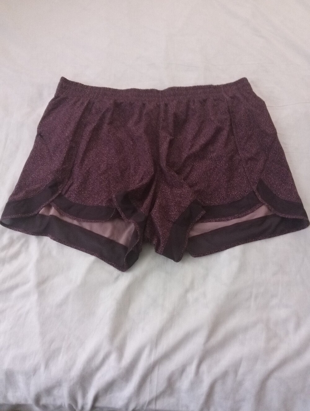 Athleta Shimmery Plum Running Shorts with Sheer Trim